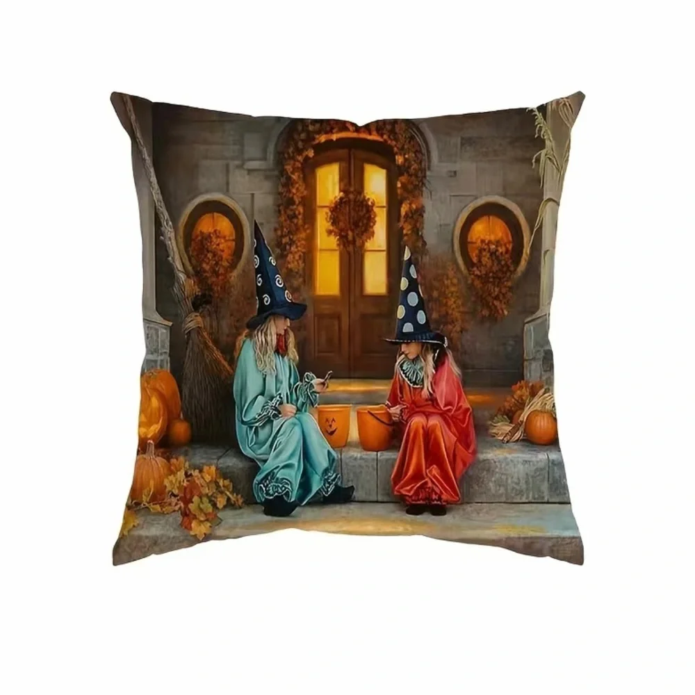 4pcs Encrypted‎ Linen Blend, Halloween Decorative Ghost House Printed Cushion